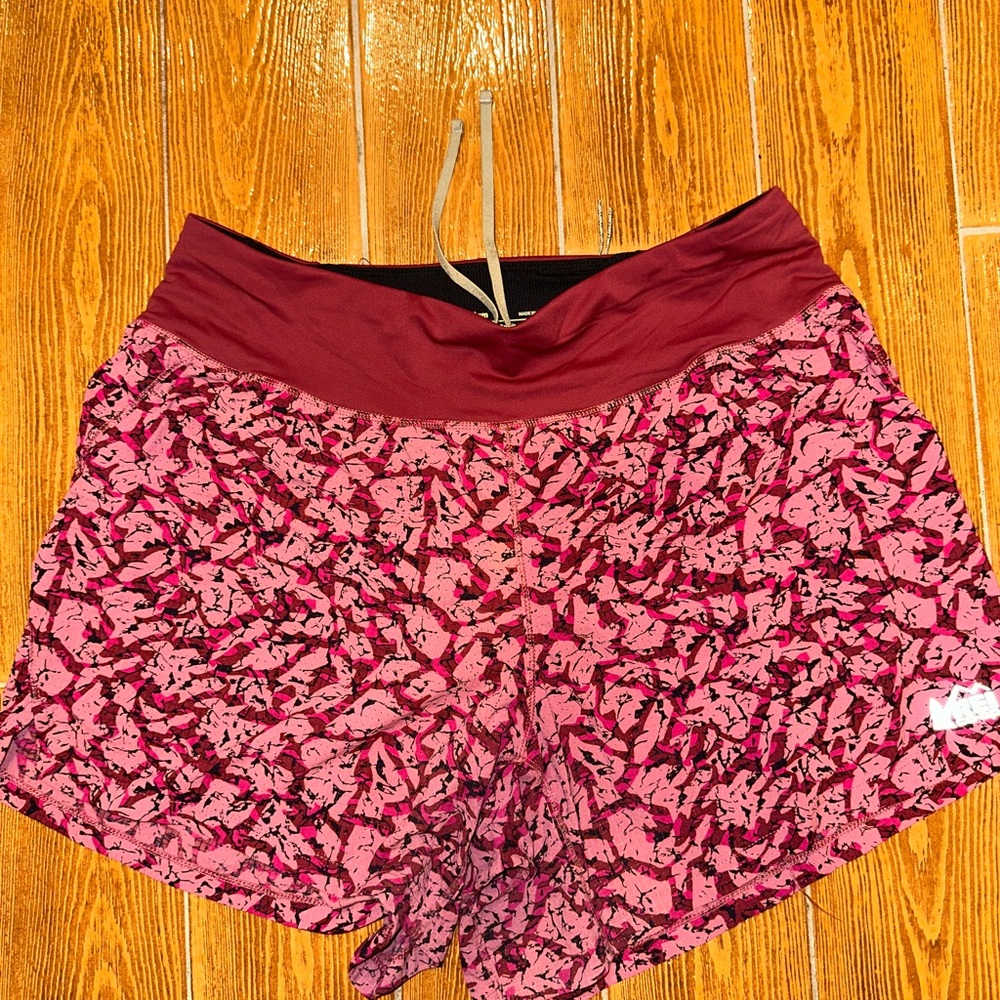 REI Pink and Red Athletic Shorts with Intricate Pattern